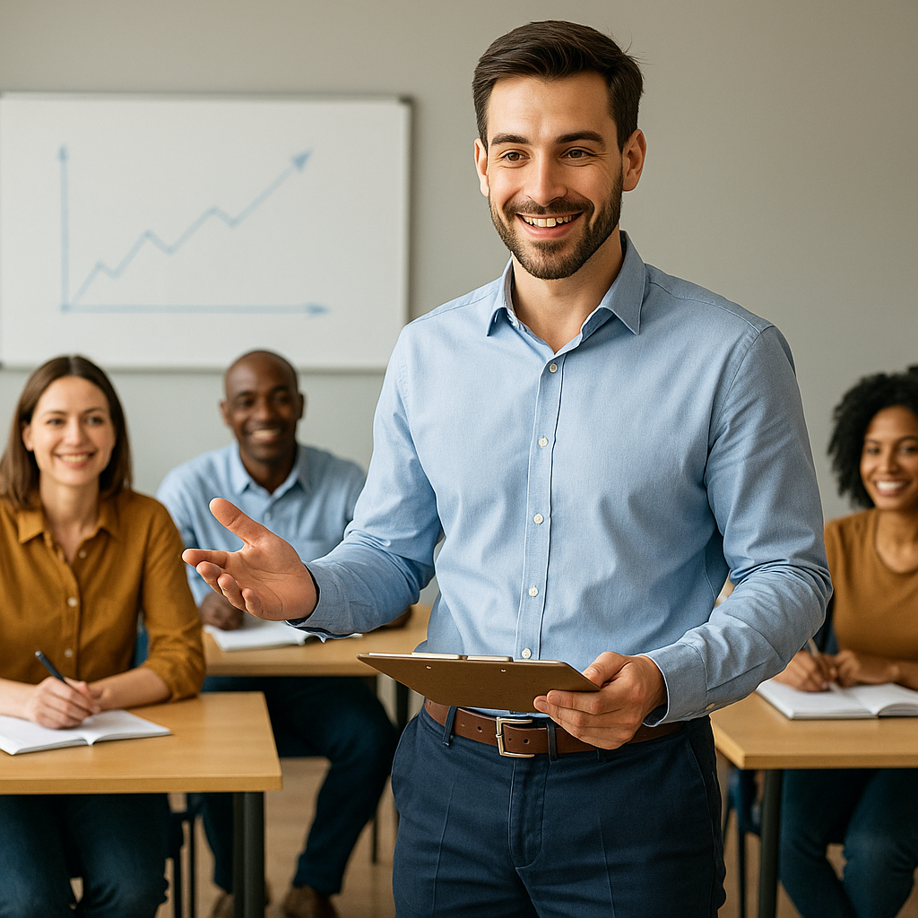 Formador a conduzir uma sessão participativa com adultos