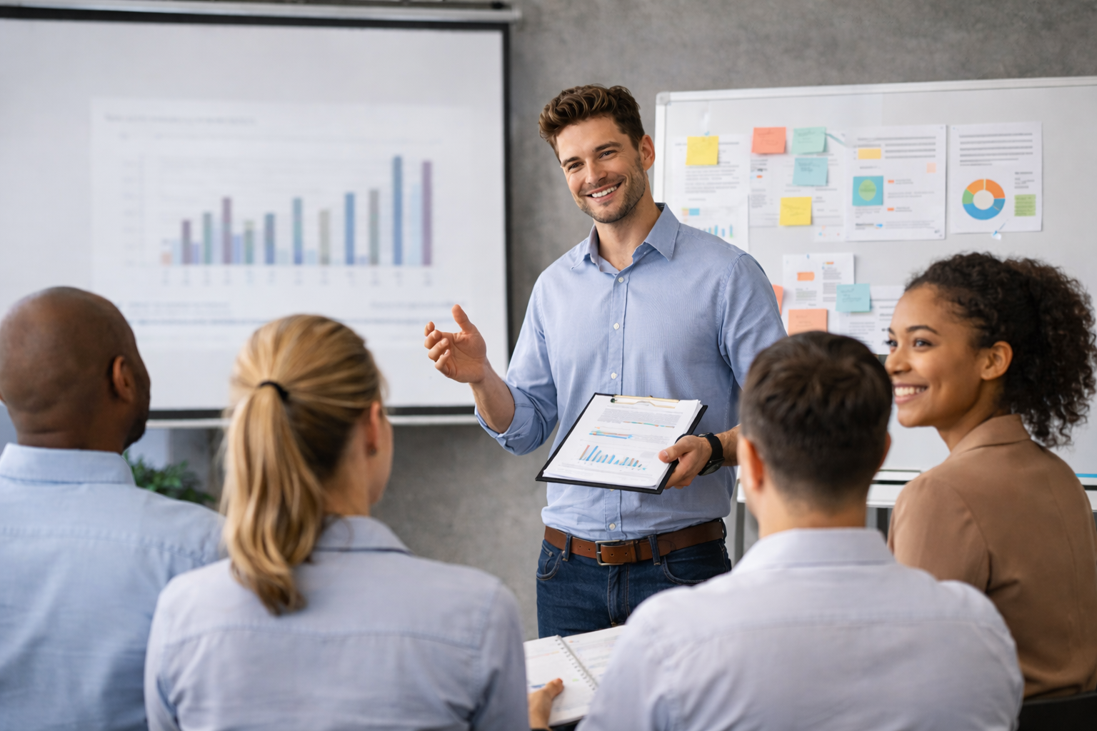 Formador a dinamizar uma sessão de formação com adultos em contexto profissional