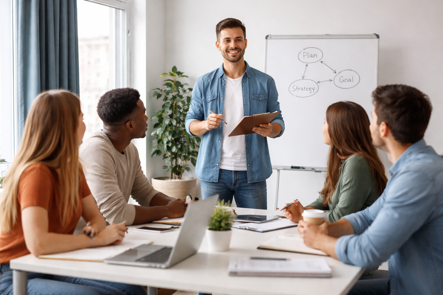 Formador jovem a apresentar conteúdos a um grupo de formandos adultos