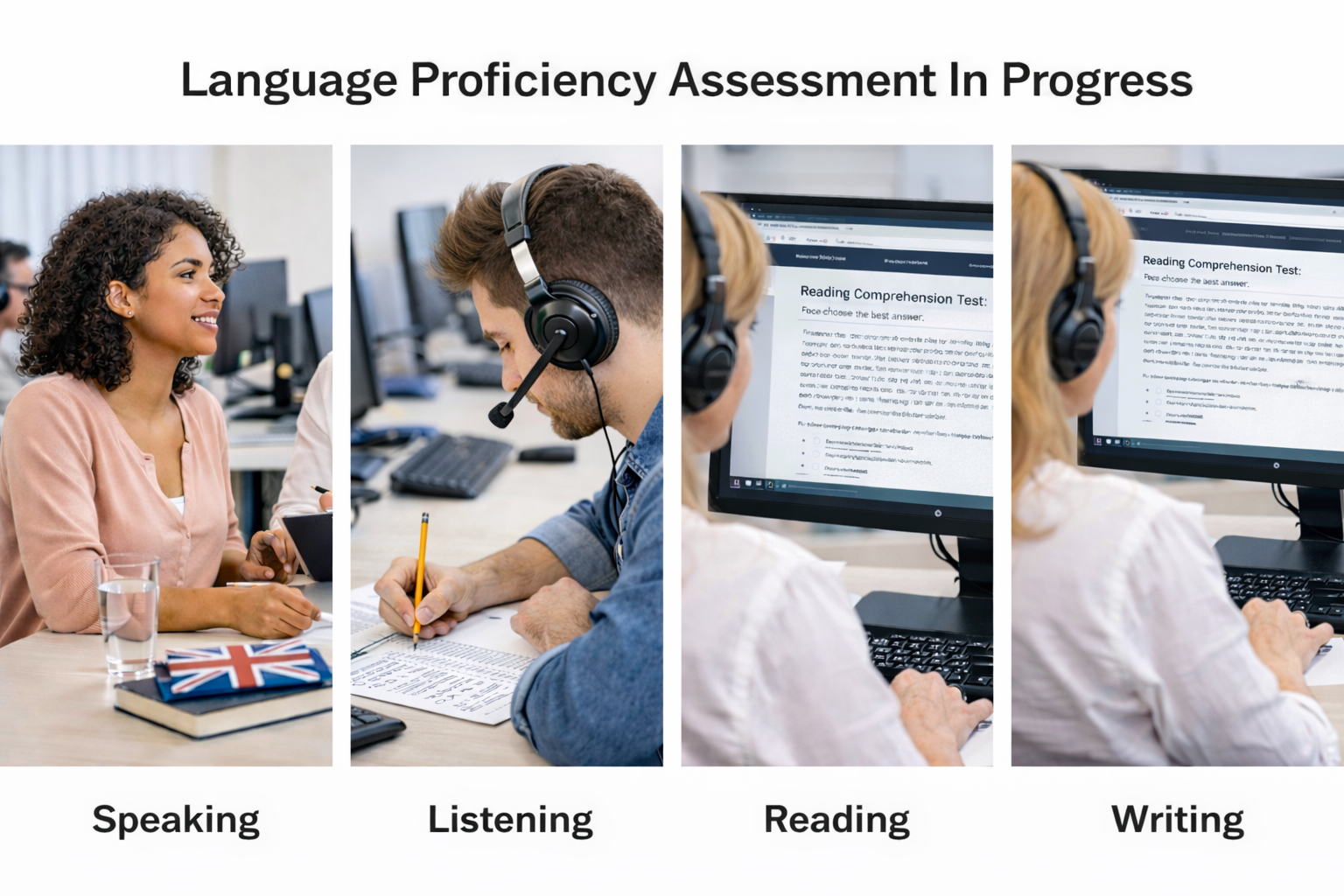 Avaliação de nível linguístico — speaking, listening, reading e writing